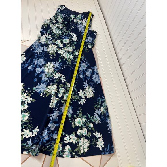 London Times Blue Floral Keyhole Pleated Midi Dress Sleeveless Womens Size 10P - Picture 5 of 8